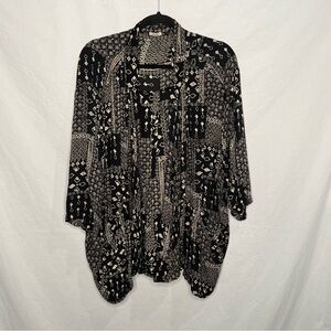 Ecote Open Front Kimono Women's Large Black Cream Oversized Boho Artsy Patchwork